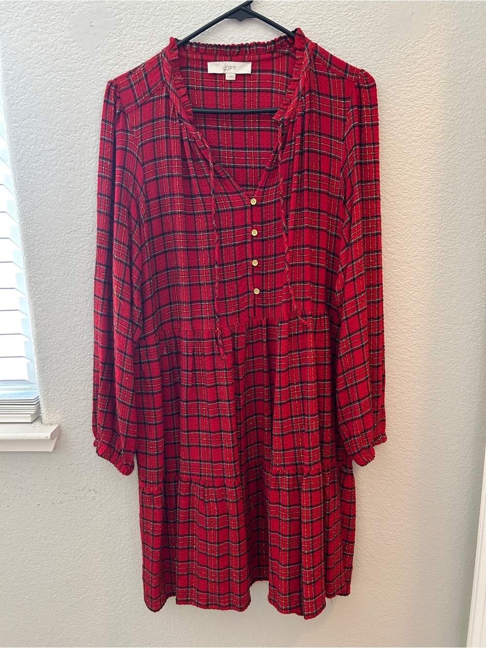 LOFT Red and Black Plaid Long-Sleeve Midi Dress
